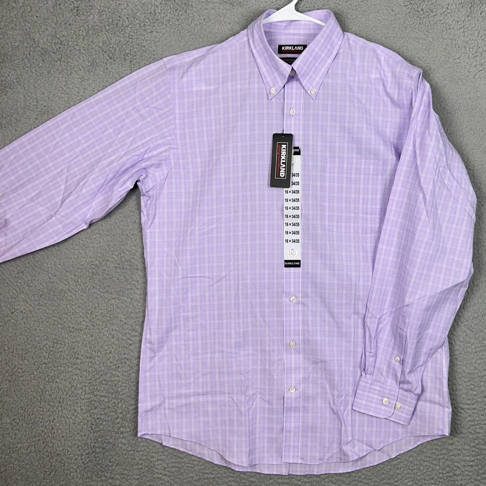 NEW Kirkland Signature Shirt Mens 16 34-35 Traditional Fit Purple Plaid Dress